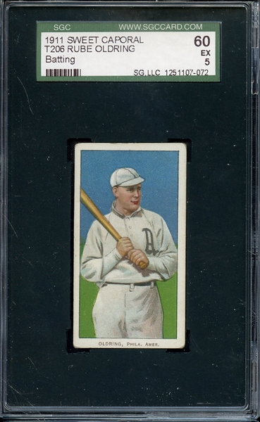 1911 T206 SWEET CAPORAL RUBE OLDRING BATTING SGC EX 60 / 5