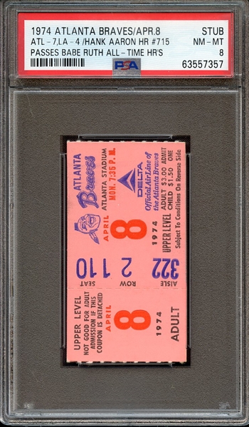 1974 ATLANTA BRAVES-STUB STUB ATL-7,LAD-4/HANK AARON HR #715 PASSES BABE RUTH ALL-TIME HR'S PSA NM-MT 8