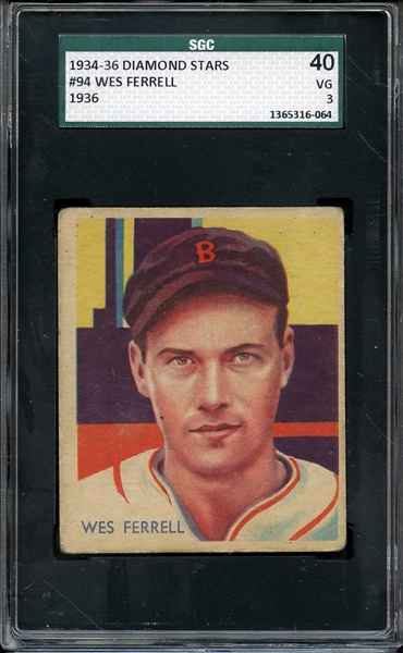 1934-36 DIAMOND STARS 94 WES FERRELL SGC VG 40 / 3