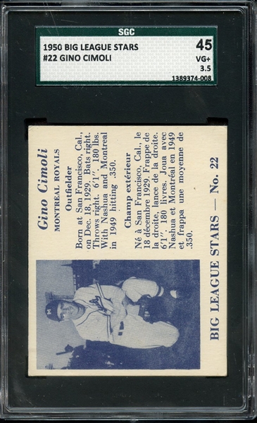 1950 BIG LEAGUE STARS 22 GINO CIMOLI SGC VG+ 45 / 3.5