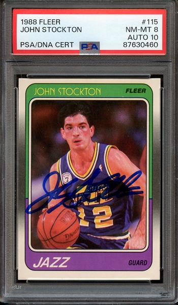 1988 FLEER 115 SIGNED JOHN STOCKTON PSA NM-MT 8 PSA/DNA AUTO 10