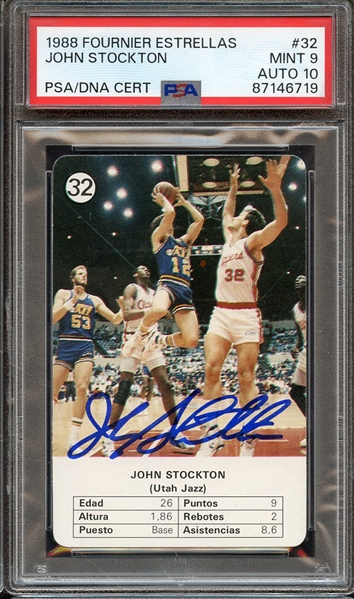 1988 FOURNIER ESTRELLAS 32 SIGNED JOHN STOCKTON PSA MINT 9 PSA/DNA AUTO 10