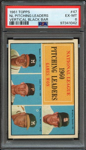 1961 TOPPS 47 NL PITCHING LEADERS VERTICAL BLACK BAR PSA EX-MT 6