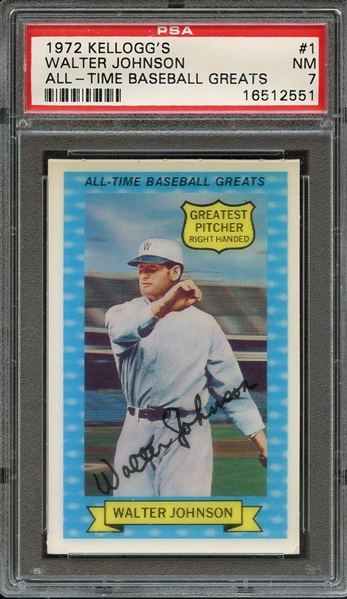 1972 KELLOGGS ALL-TIME BASEBALL GREATS 1 WALTER JOHNSON ALL-TIME BASEBALL GREATS PSA NM 7