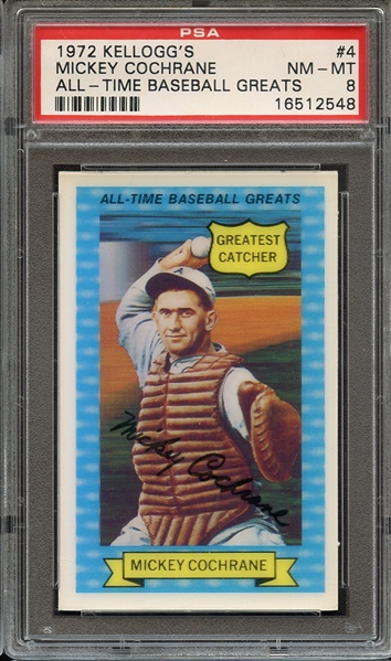 1972 KELLOGGS ALL-TIME BASEBALL GREATS 4 MICKEY COCHRANE ALL-TIME BASEBALL GREATS PSA NM-MT 8