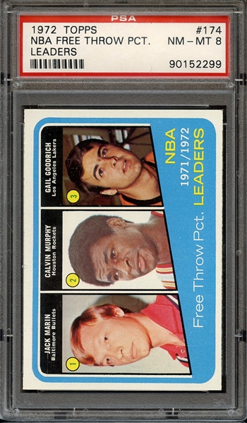 1972 TOPPS 174 NBA FT PCT.LEADERS MARIN/MURPHY/GOODRICH PSA NM-MT 8