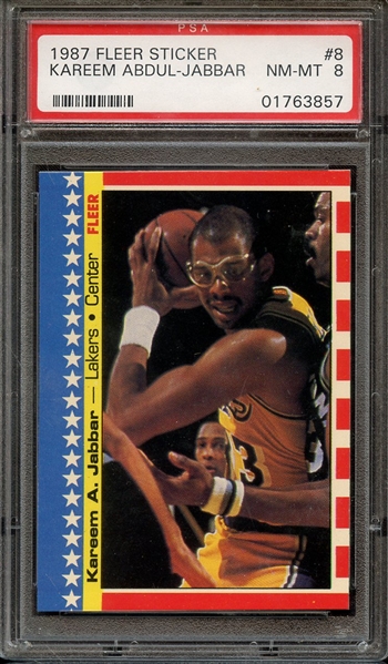 1987 FLEER STICKER 8 KAREEM ABDUL-JABBAR PSA NM-MT 8