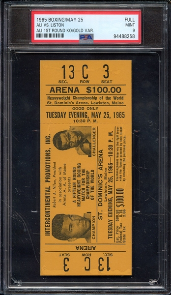 1965 BOXING-FULL FULL ALI VS. LISTON ALI 1ST ROUND KO/GOLD VAR. PSA MINT 9