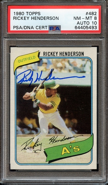 1980 TOPPS 482 SIGNED RICKEY HENDERSON PSA NM-MT 8 PSA/DNA AUTO 10