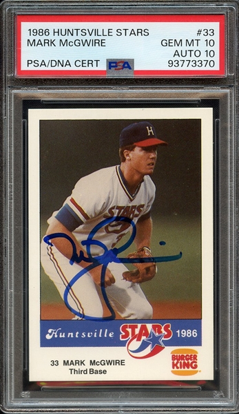 1986 HUNTSVILLE STARS 33 SIGNED MARK MCGWIRE PSA GEM MT 10  PSA/DNA AUTO 10