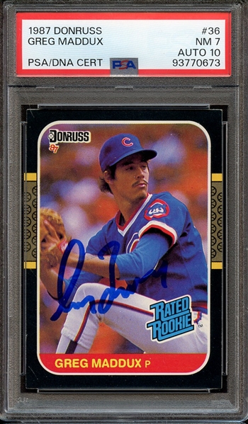 1987 DONRUSS 36 SIGNED GREG MADDUX PSA NM 7 PSA/DNA AUTO 10