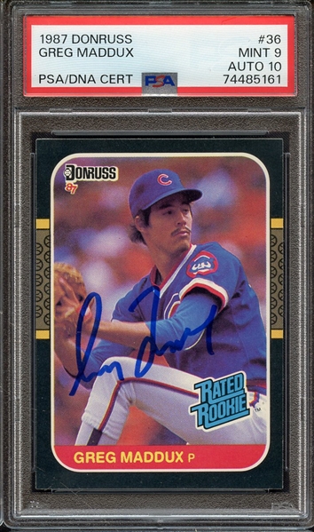 1987 DONRUSS 36 SIGNED GREG MADDUX PSA MINT 9 PSA/DNA AUTO 10