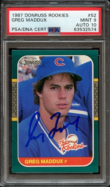 1987 DONRUSS ROOKIES 52 SIGNED GREG MADDUX PSA MINT 9 PSA/DNA AUTO 10