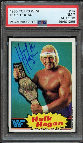 1985 TOPPS WWF 16 SIGNED HULK HOGAN PSA NM 7 PSA/DNA AUTO 10