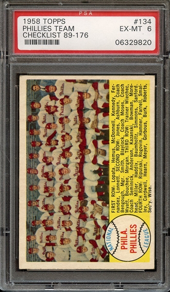 1958 TOPPS 134 PHILLIES TEAM CHECKLIST PSA EX-MT 6