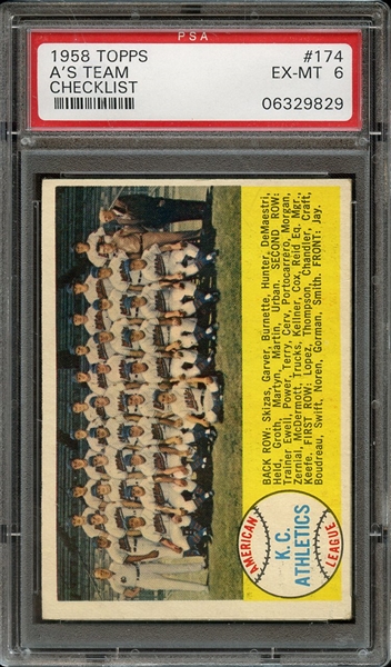 1958 TOPPS 174 A'S TEAM CHECKLIST PSA EX-MT 6