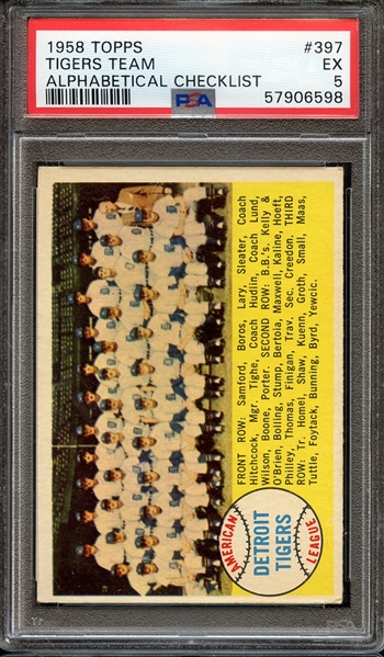 1958 TOPPS 397 TIGERS TEAM ALPHABETICAL CHECKLIST PSA EX 5