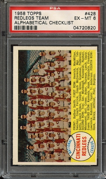 1958 TOPPS 428 REDLEGS TEAM ALPHABETICAL CHECKLIST PSA EX-MT 6