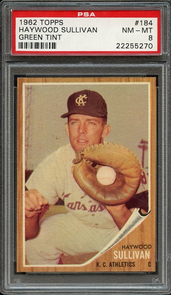 1962 TOPPS 184 HAYWOOD SULLIVAN GREEN TINT PSA NM-MT 8