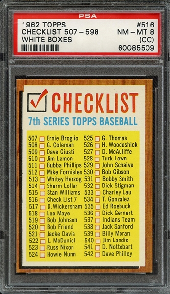 1962 TOPPS 516 CHECKLIST 507-598 WHITE BOXES PSA NM-MT 8 (OC)