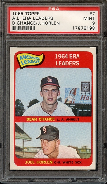 1965 TOPPS 7 A.L. ERA LEADERS D.CHANCE/J.HORLEN PSA MINT 9