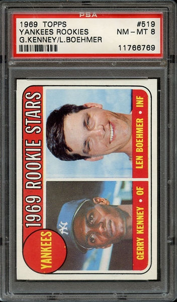 1969 TOPPS 519 YANKEES ROOKIES G.KENNEY/L.BOEHMER PSA NM-MT 8