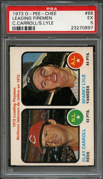 1973 O-PEE-CHEE 68 LEADING FIREMEN C.CARROLL/S.LYLE PSA EX 5