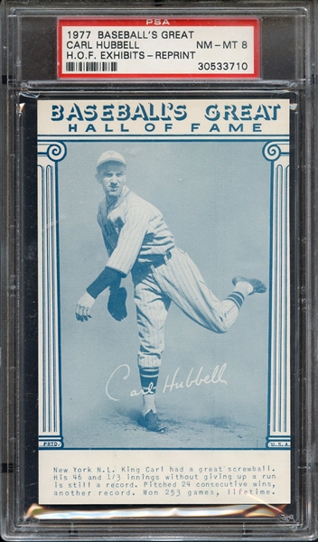 1977 BASEBALL'S GREAT HALL OF FAME EXHIBITS CARL HUBBELL HALL OF FAME EXHIBITS PSA NM-MT 8