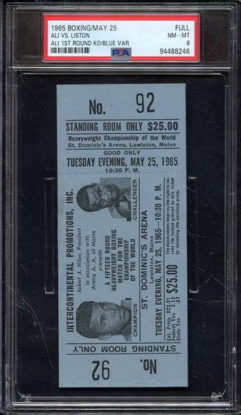 1965 BOXING-FULL TICKET ALI VS. LISTON ALI 1ST ROUND KO/BLUE VAR. PSA NM-MT 8