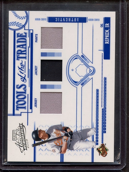 2005 PLAYOFF ABSOLUTE MEMORABILIA TOOLS OF THE TRADE CAL RIPKEN GAME USED JERSEY JACKET PANTS 077/100