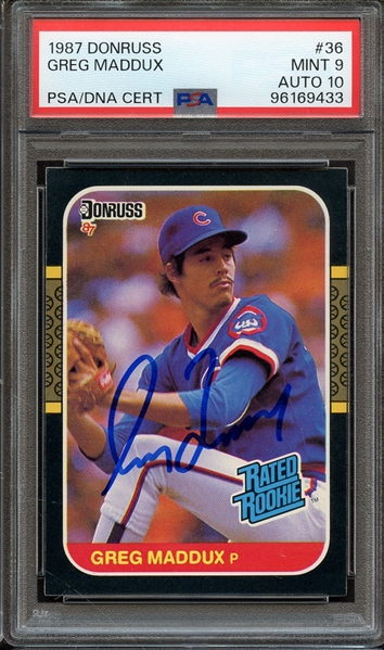 1987 DONRUSS 36 SIGNED GREG MADDUX PSA MINT 9 PSA/DNA AUTO 10