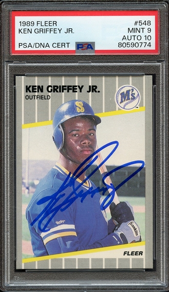 1989 FLEER 548 SIGNED KEN GRIFFEY JR PSA MINT 9 PSA/DNA AUTO 10