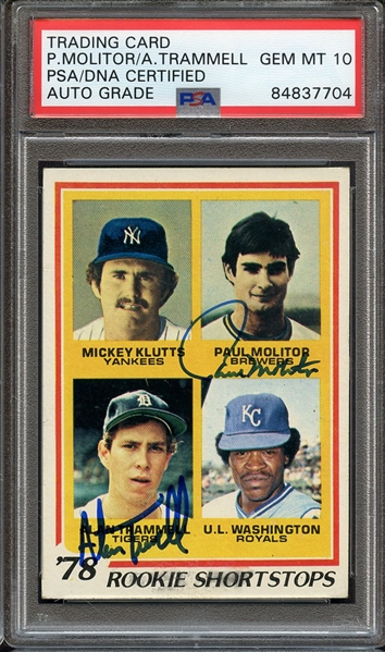 1978 TOPPS 707 DUAL SIGNED PAUL MOLITOR ALAN TRAMMELL PSA/DNA AUTO 10