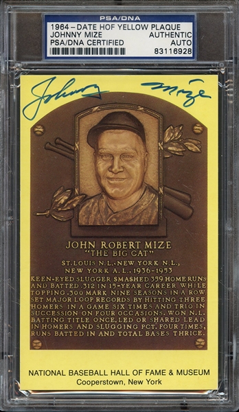 JOHNNY MIZE SIGNED HOF POSTCARD PSA/DNA AUTO AUTHENTIC
