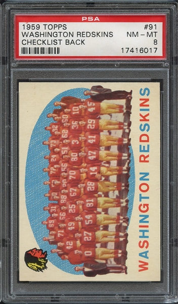 1959 TOPPS 91 WASHINGTON REDSKINS CHECKLIST BACK PSA NM-MT 8