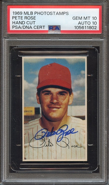 1969 MLB PHOTOSTAMPS SIGNED PETE ROSE PSA GEM MT 10 PSA/DNA AUTO 10
