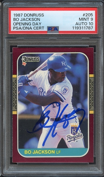1987 DONRUSS OPENING DAY 205 SIGNED BO JACKSON PSA MINT 9 PSA/DNA AUTO 10