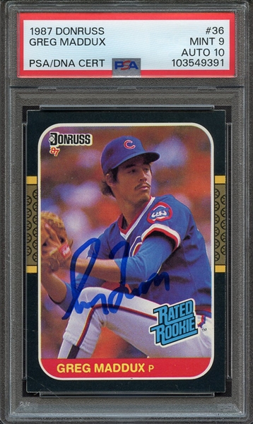 1987 DONRUSS 36 SIGNED GREG MADDUX PSA MINT 9 PSA/DNA AUTO 10