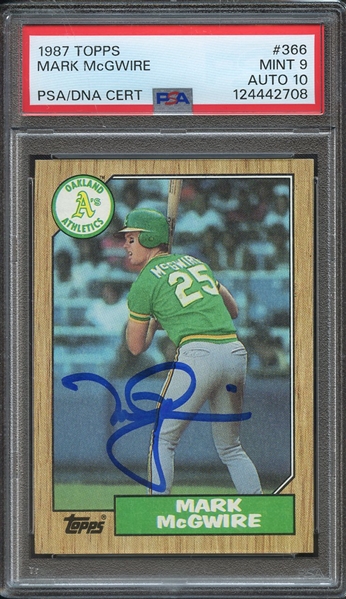 1987 TOPPS 366 SIGNED MARK MCGWIRE PSA MINT 9 PSA/DNA AUTO 10