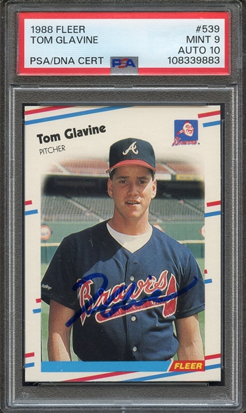 1988 FLEER 539 SIGNED TOM GLAVINE PSA MINT 9 PSA/DNA AUTO 10