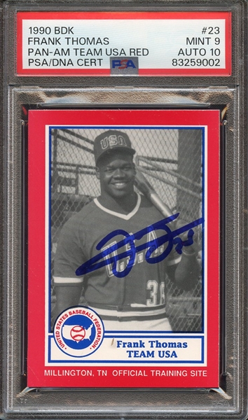 1990 BDK PAN AM TEAM USA RED 23 SIGNED FRANK THOMAS PSA MINT 9 PSA/DNA AUTO 10