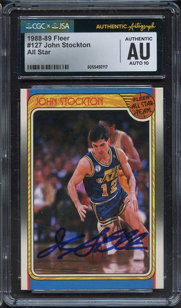 1988 FLEER ALL STAR 127 SIGNED JOHN STOCKTON CGC AUTHENTIC JSA AUTO 10