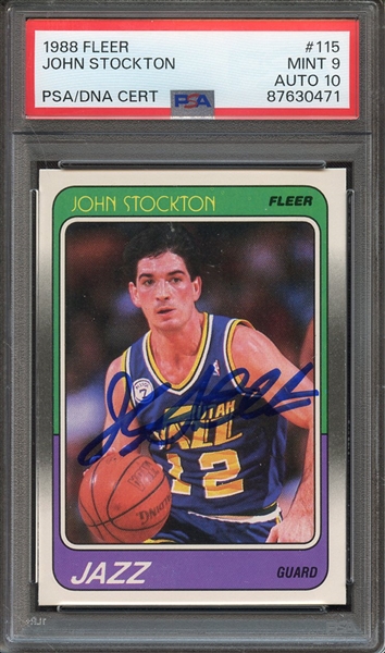 1988 FLEER 115 SIGNED JOHN STOCKTON PSA MINT 9 PSA/DNA AUTO 10