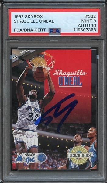 1992 SKYBOX 382 SIGNED SHAQUILLE O'NEAL PSA MINT 9 PSA/DNA AUTO 10