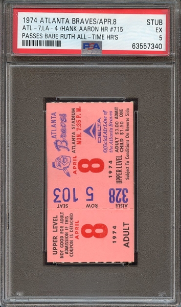 1974 ATLANTA BRAVES-TICKET STUB ATL-7,LAD-4/HANK AARON HR #715 PASSES BABE RUTH ALL-TIME HR'S PSA EX 5