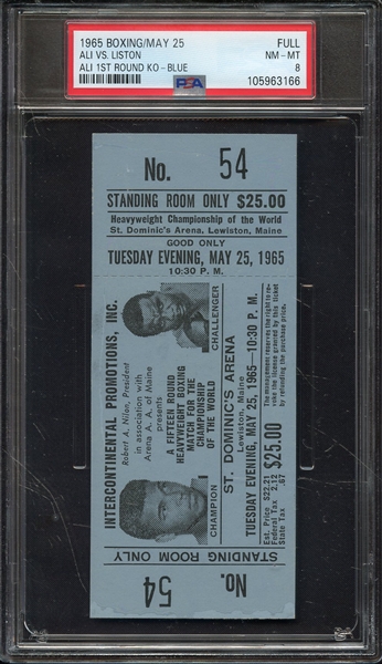 1965 BOXING-FULL TICKET ALI VS. LISTON ALI 1ST ROUND KO-BLUE PSA NM-MT 8