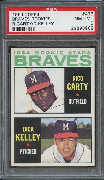 1964 TOPPS 476 BRAVES ROOKIES R.CARTY/D.KELLEY PSA NM-MT 8