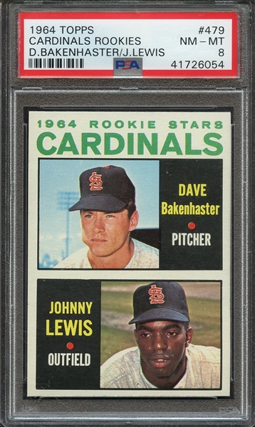 1964 TOPPS 479 CARDINALS ROOKIES D.BAKENHASTER/J.LEWIS PSA NM-MT 8