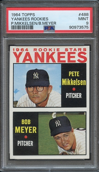 1964 TOPPS 488 YANKEES ROOKIES P.MIKKELSEN/B.MEYER PSA MINT 9