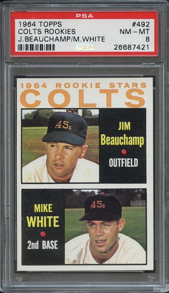 1964 TOPPS 492 COLTS ROOKIES J.BEAUCHAMP/M.WHITE PSA NM-MT 8